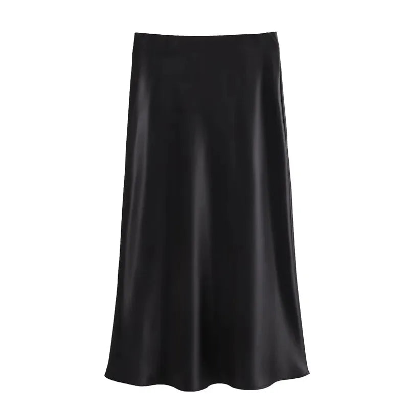Jupe Le Reflet Serein noire en polyester satiné, coupe midi taille haute