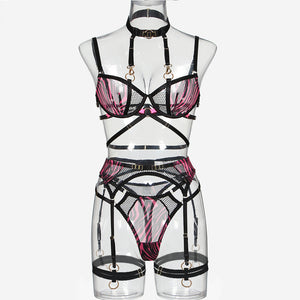 Ensemble de lingerie fine zébrée transparente quatre pièces avec porte-jarretelles Sainte-Marie - GUAPPAA