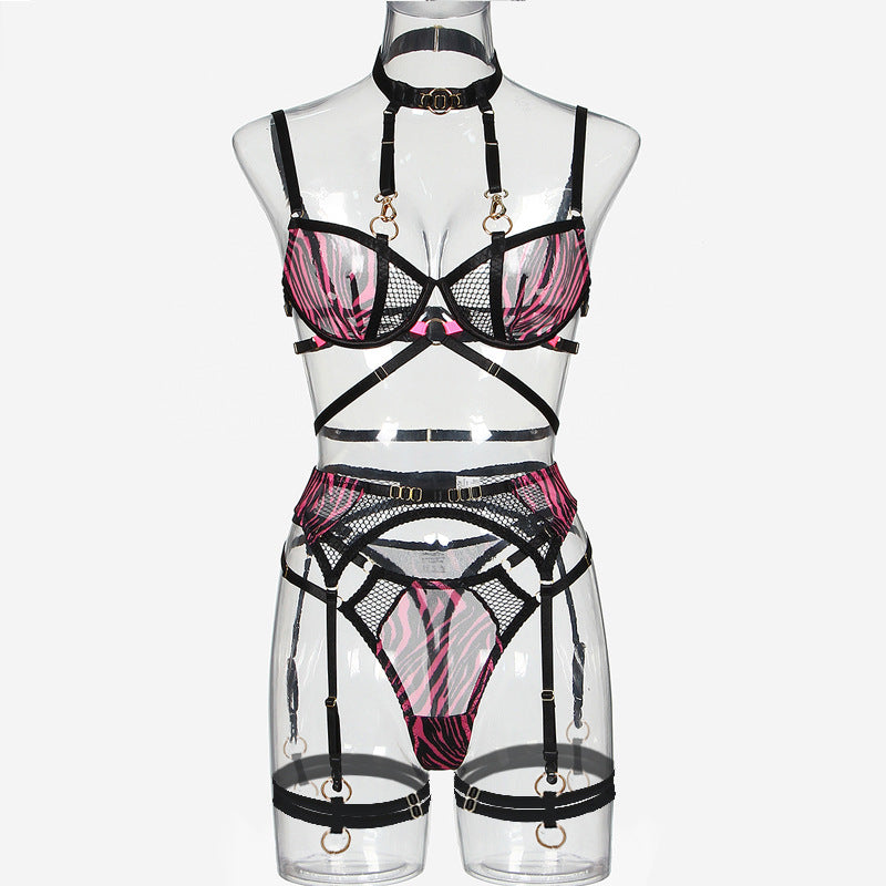 Ensemble de lingerie fine zébrée transparente quatre pièces avec porte-jarretelles Sainte-Marie - GUAPPAA