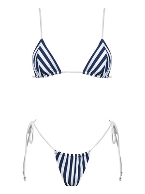 Maillot de bain brésilien tanga à ficelles triangle push-up rayé bleu blanc Agua - GUAPPAA