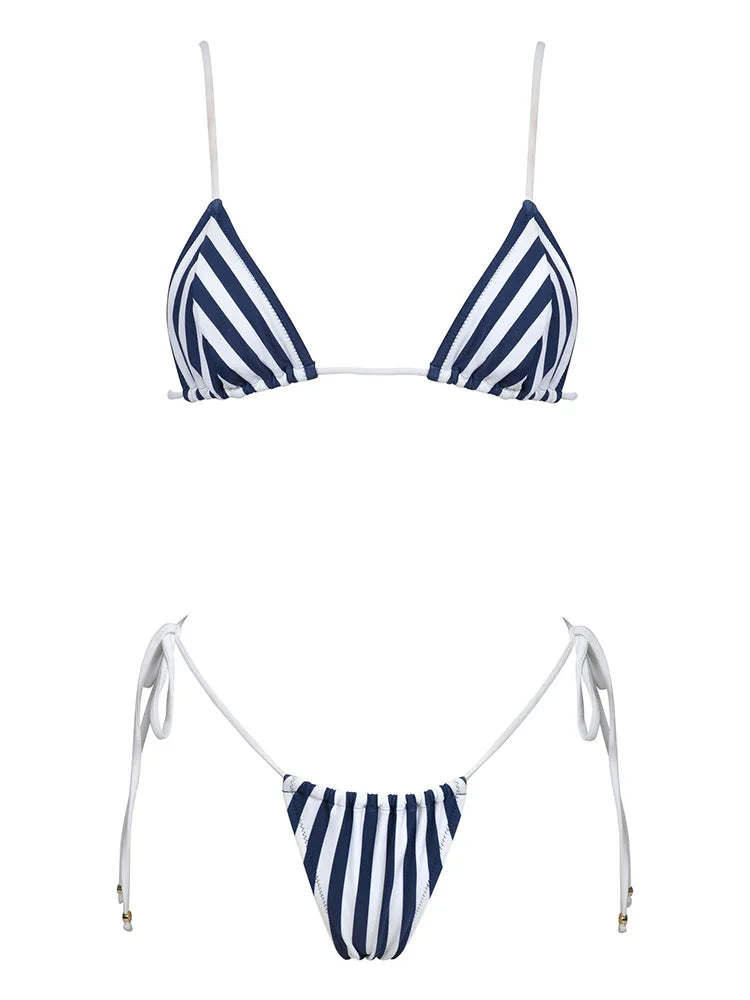 Maillot de bain brésilien tanga à ficelles triangle push-up rayé bleu blanc Agua - GUAPPAA