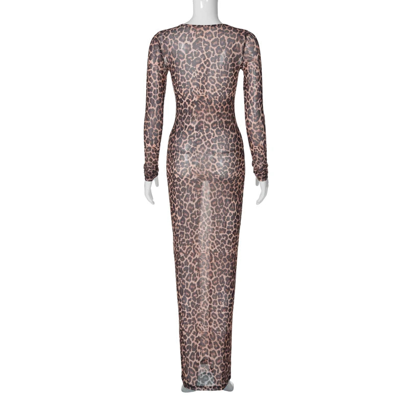 Robe sexy longue spaghetti léopard transparente manches longues Faune - GUAPPAA