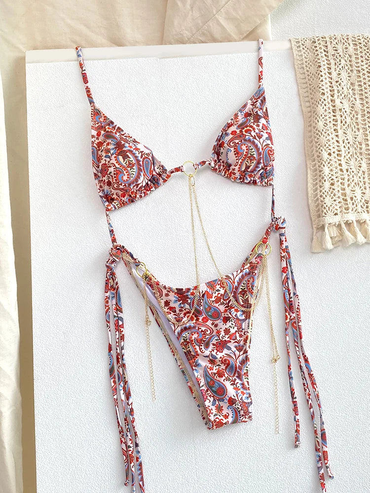 La Chainette - Micro Bikini Triangle Imprime Chaines Taille Basse
