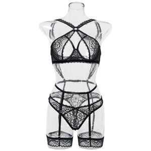 Lingerie en dentelle ensemble porte-jarretelles noir sexy La Bégude - GUAPPAA