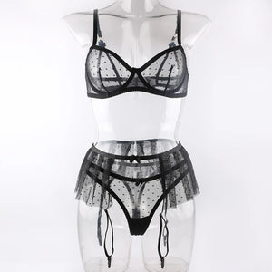 Ensemble de lingerie transparent à pois blanc ou noir trois pièces Évanouie - GUAPPAA