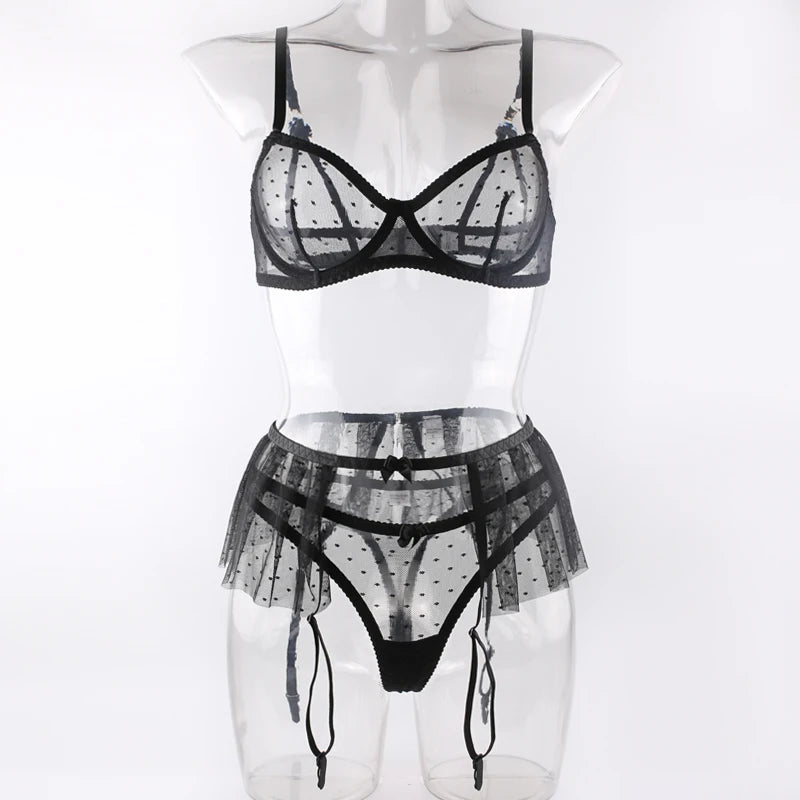 Ensemble de lingerie transparent à pois blanc ou noir trois pièces Évanouie - GUAPPAA