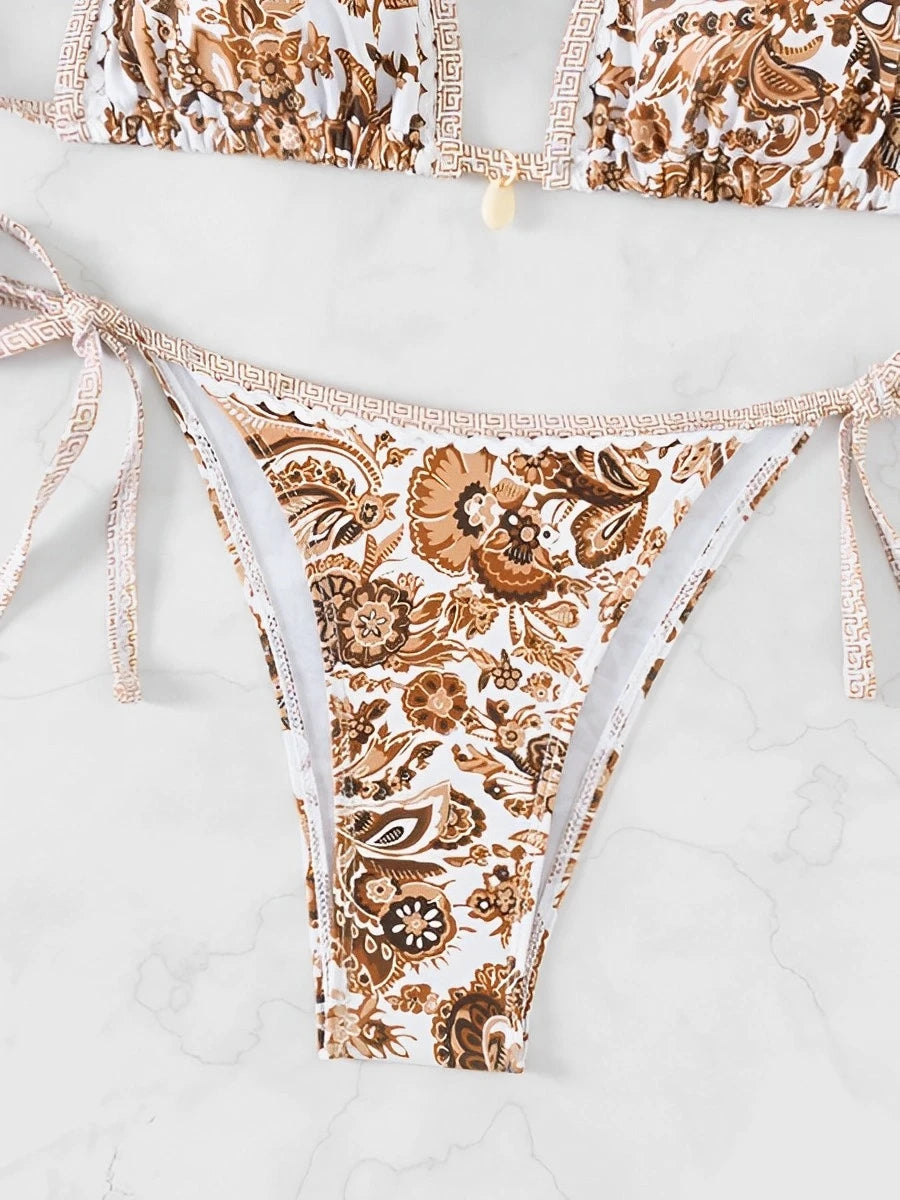Maillot de bain deux pièces échancré marron bleu fleuri Terre d'eau - GUAPPAA