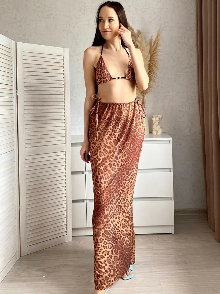 Bikini string ficelle zèbre rouge léopard avec jupe longue de plage Edonia - GUAPPAA
