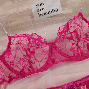 Lingerie dentelle transparente sexy ensemble cinq pièces avec porte-jarretelles et jarretières Saint-Sauveur - GUAPPAA