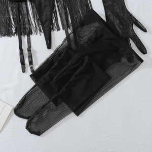 Lingerie sexy ensemble à franges seins nus gants collants porte-jarretelles Milena - GUAPPAA