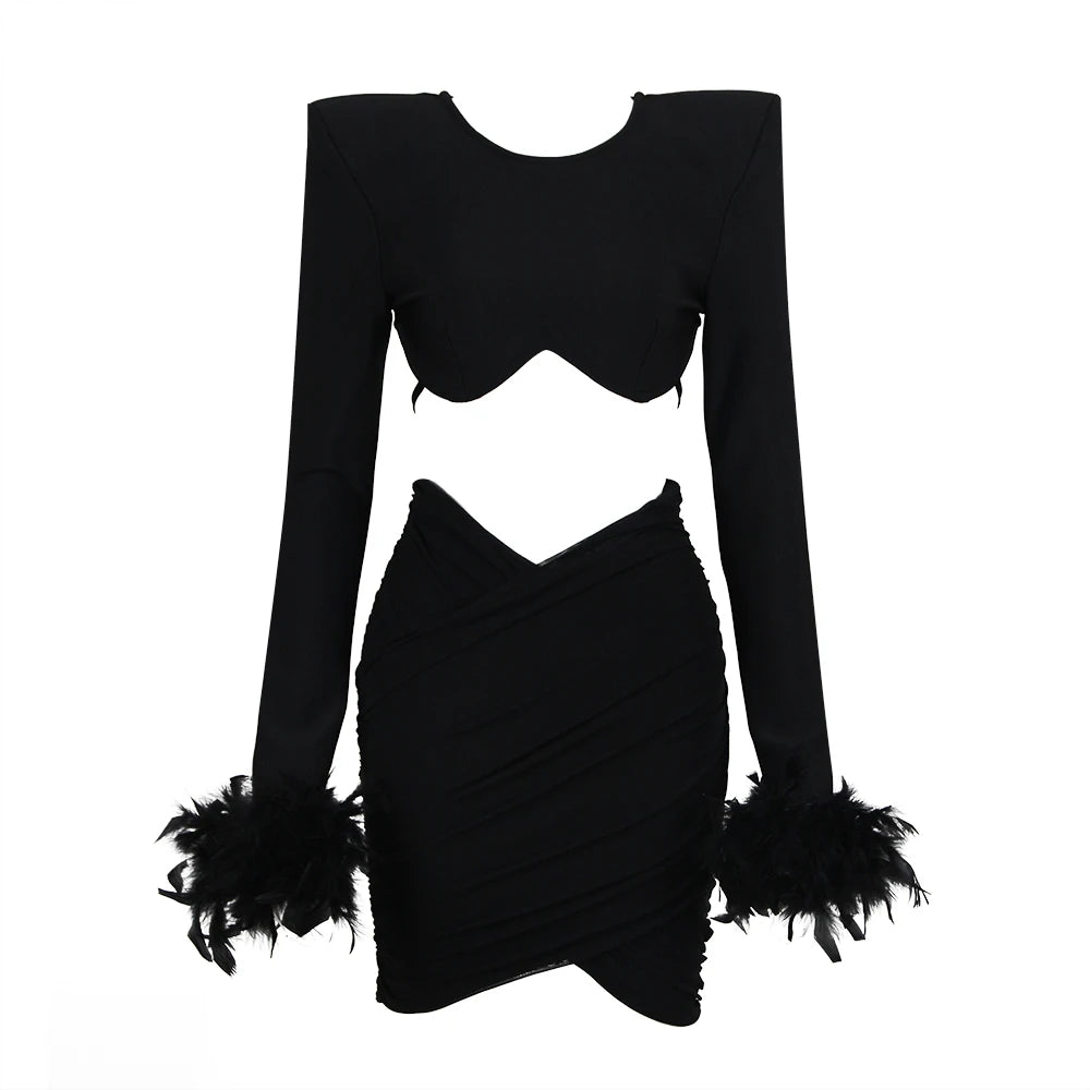 Jupe et crop-top à épaulettes et plumes tenue chic Azaela - GUAPPAA