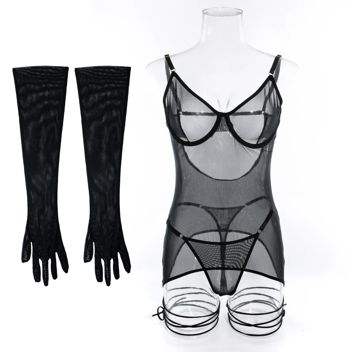 Robe lingerie transparente tulle noir à laçets et gants Maison noire - GUAPPAA