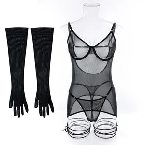 Robe lingerie transparente tulle noir à laçets et gants Maison noire - GUAPPAA