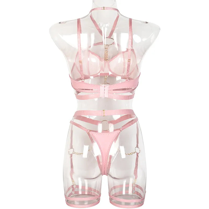 Ensemble lingerie sexy faux cuir à chaines et porte-jarretelles 3 pièces Saturne - GUAPPAA