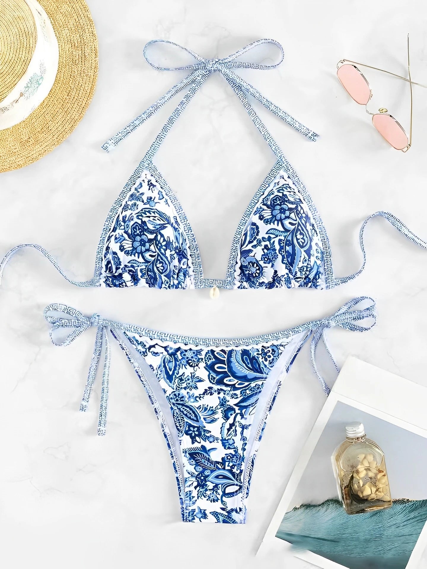 Maillot de bain deux pièces échancré marron bleu fleuri Terre d'eau - GUAPPAA