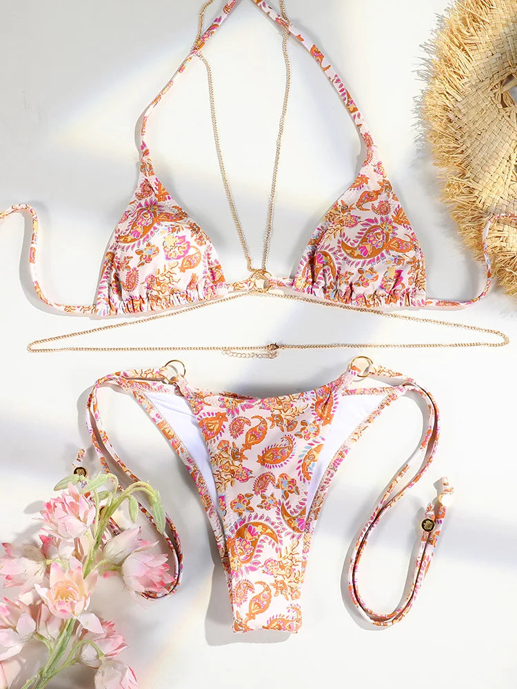 La Chainette - Micro Bikini Triangle Imprime Chaines Taille Basse