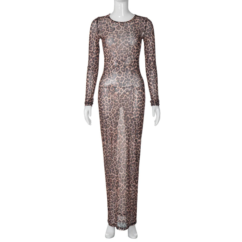 Robe sexy longue spaghetti léopard transparente manches longues Faune - GUAPPAA