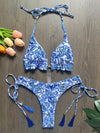 Maillot de bain tanga deux pièces push-up bleu fleuri Xaco