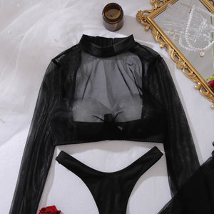 Lingerie sexy string bas noir haut manches longues transparent La Provocation - GUAPPAA