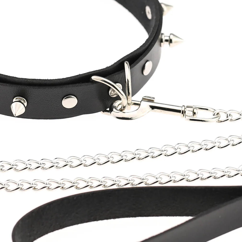 Sexy Leather Traction Lead Leash Rope Collars Strap Chains Choker Men Women Cosplay Props Bundle Belt Hauling Cable - GUAPPAA