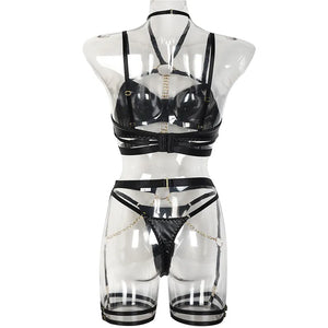 Ensemble lingerie sexy faux cuir à chaines et porte-jarretelles 3 pièces Saturne - GUAPPAA
