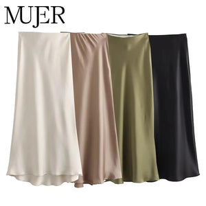 Jupe midi satinée Le Reflet Serein taille haute, vue principale du modèle pour femme