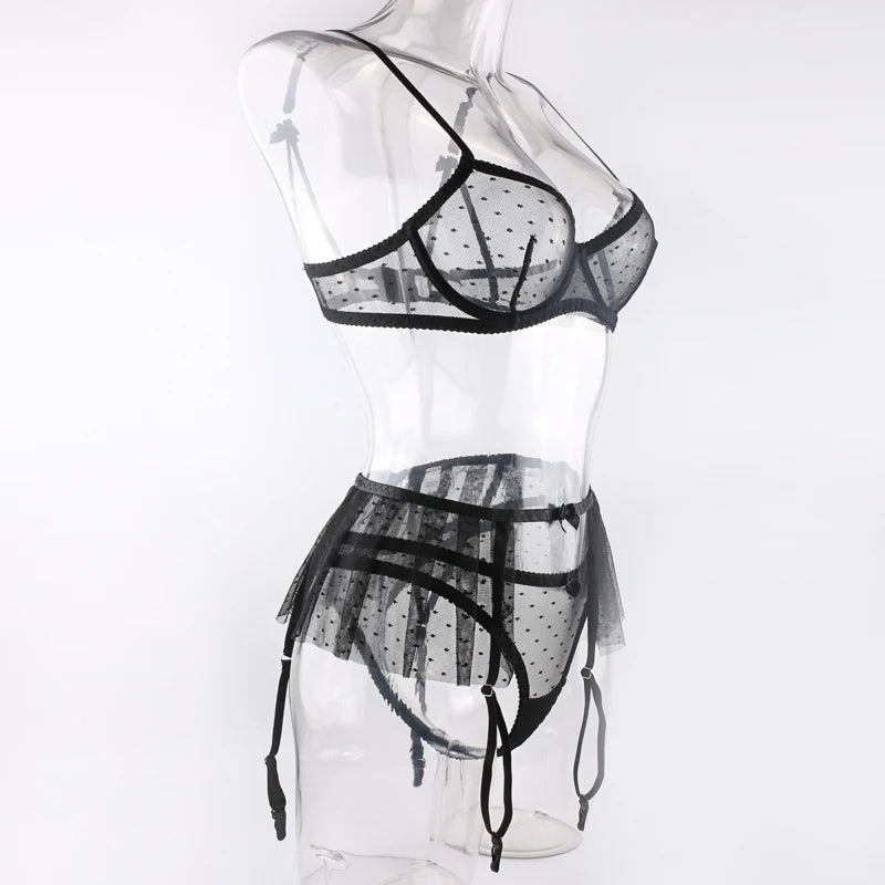 Ensemble de lingerie transparent à pois blanc ou noir trois pièces Évanouie - GUAPPAA