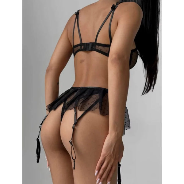 Ensemble de lingerie transparent à pois blanc ou noir trois pièces Evanescence