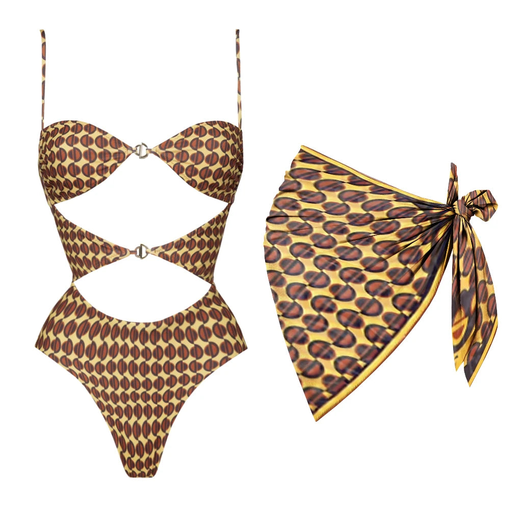 Bikini triangle imprimé L’Escapade Solaire avec mini-jupe assortie