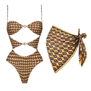 Bikini triangle imprimé L’Escapade Solaire avec mini-jupe assortie