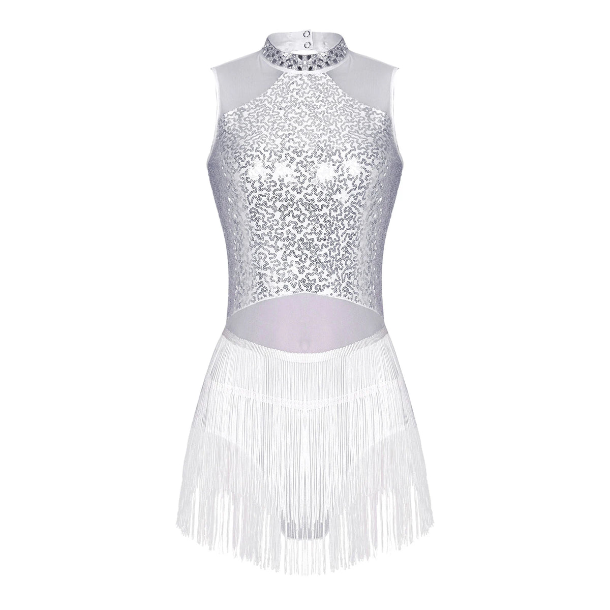 Présentation des coloris noir et blanc du justaucorps de danse à franges L’Éclat Scénique