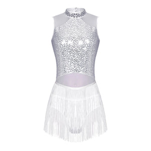 Présentation des coloris noir et blanc du justaucorps de danse à franges L’Éclat Scénique