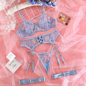 Lingerie dentelle transparente sexy ensemble cinq pièces avec porte-jarretelles et jarretières Saint-Sauveur - GUAPPAA