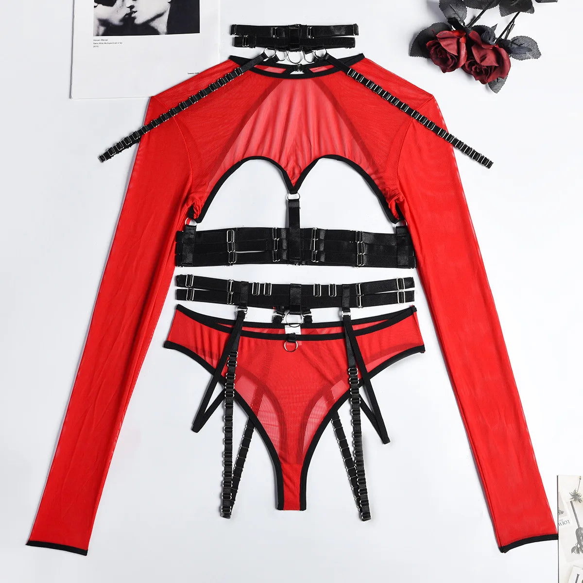 Ensemble lingerie gothique sexy quatre pièces seins nus Clair de lune - GUAPPAA