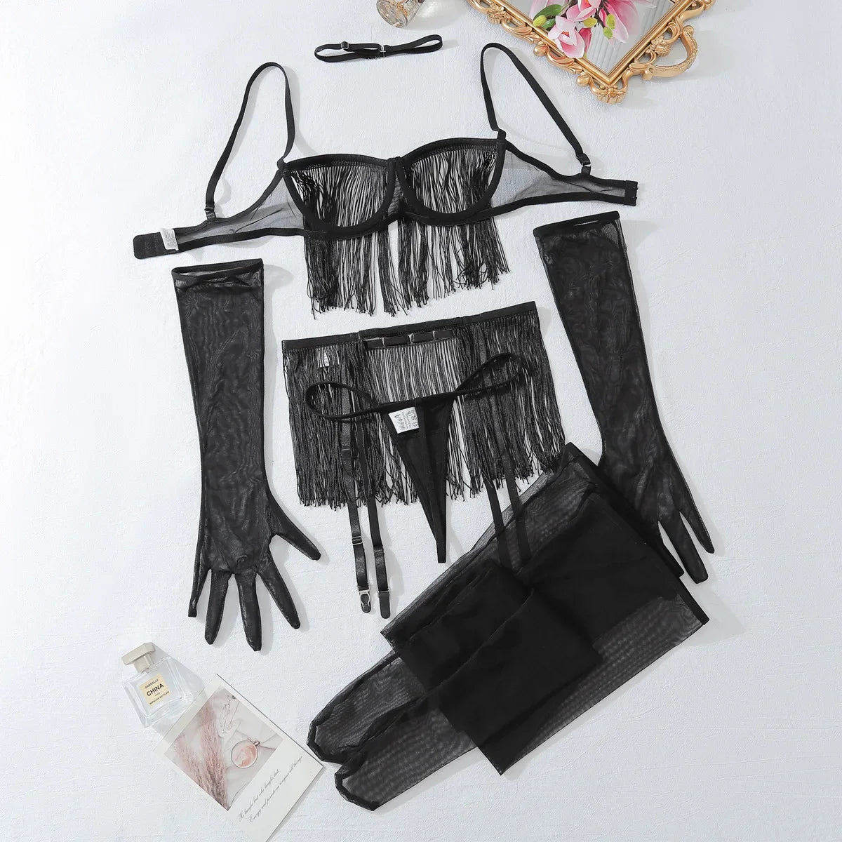 Lingerie sexy ensemble à franges seins nus gants collants porte-jarretelles Milena - GUAPPAA