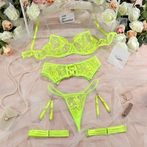 Lingerie dentelle transparente sexy ensemble cinq pièces avec porte-jarretelles et jarretières Saint-Sauveur - GUAPPAA