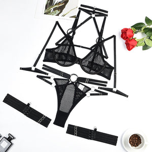 Lingerie résille 4 pièces sexy noir soutien-gorge string fendu et jarretières La Maison - GUAPPAA