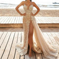 Robe longue fendue de soirée et gala à sequins et dentelle dorée Croisette - GUAPPAA