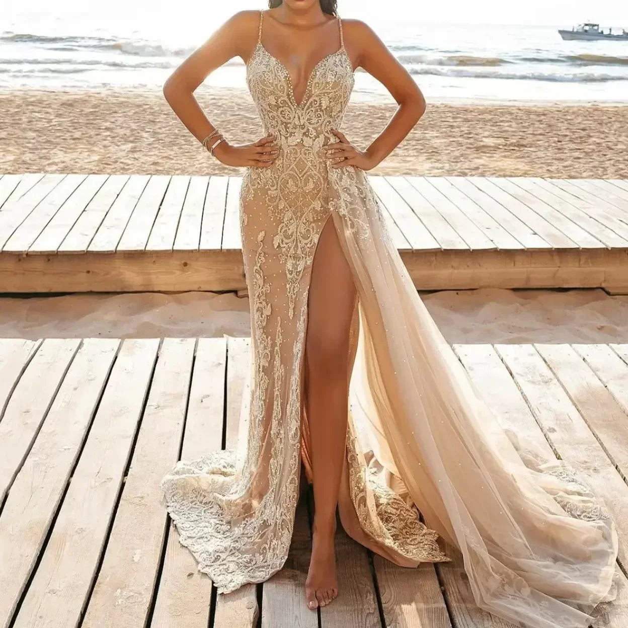 Robe longue fendue de soirée et gala à sequins et dentelle dorée Croisette - GUAPPAA