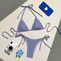 Bikini tanga à ficelles deux pièces rayé bleu blanc L'océan - GUAPPAA
