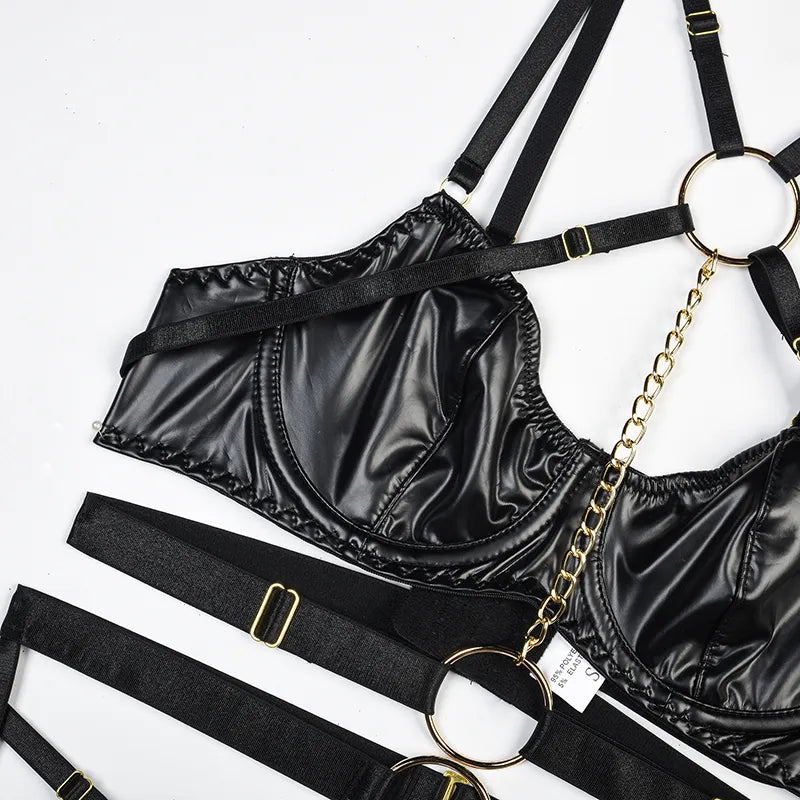 Ensemble lingerie sexy faux cuir à chaines et porte-jarretelles 3 pièces Saturne - GUAPPAA
