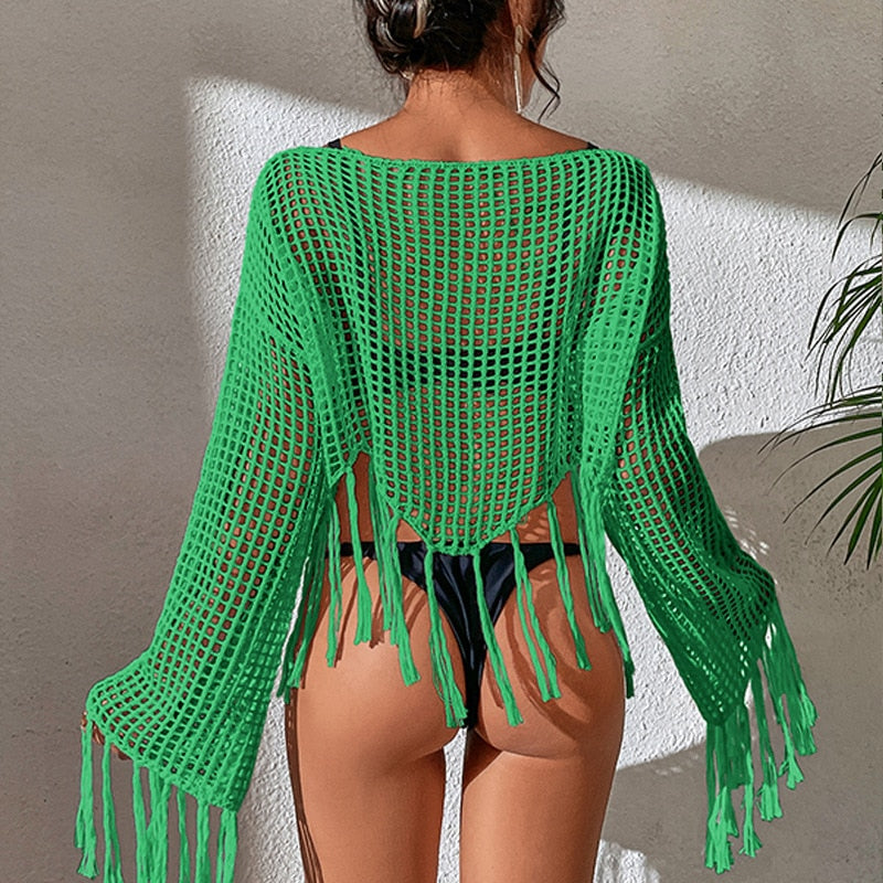 Top résille à manches longues bohème de plage en crochet Salou - GUAPPAA