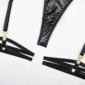 Ensemble lingerie sexy faux cuir à chaines et porte-jarretelles 3 pièces Saturne - GUAPPAA
