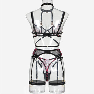 Ensemble de lingerie fine zébrée transparente quatre pièces avec porte-jarretelles Sainte-Marie - GUAPPAA