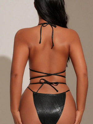 Maillot deux pièces Portofino noir à liens croisés et coupe tanga, vue produit Guappaa 03