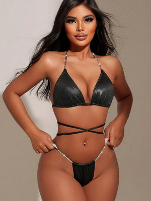 Bikini Portofino noir brillant taille basse pour plage et piscine, vue produit Guappaa 04