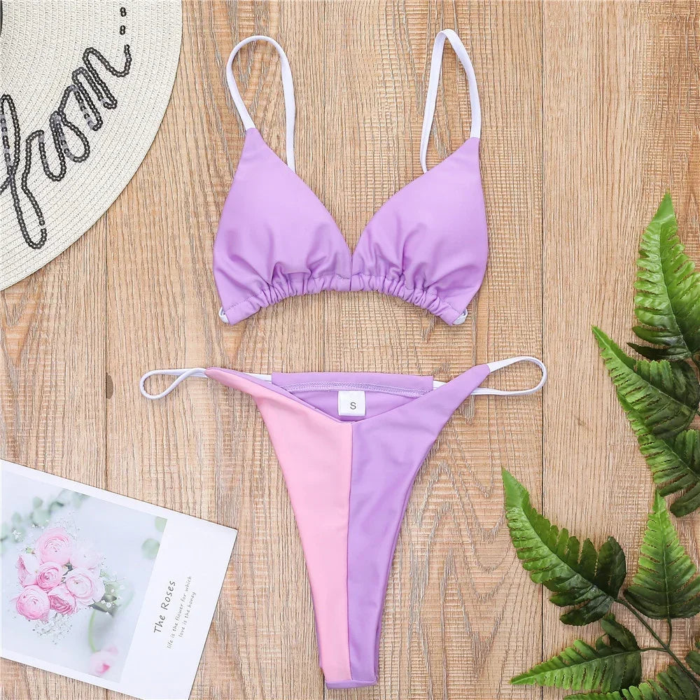 Bikini violet et rose Taormina deux pièces à taille haute avec coques, vue produit Guappaa 01