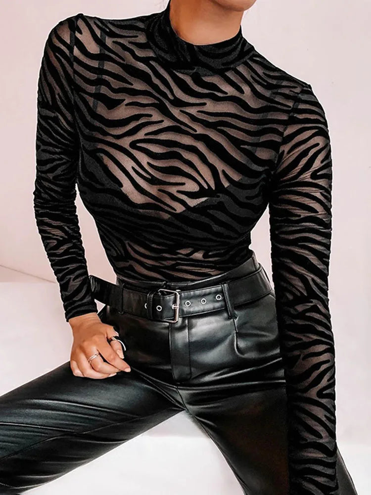 Body Mystère en maille noire transparente à motif zébré et col montant – GUAPPAA – photo 3