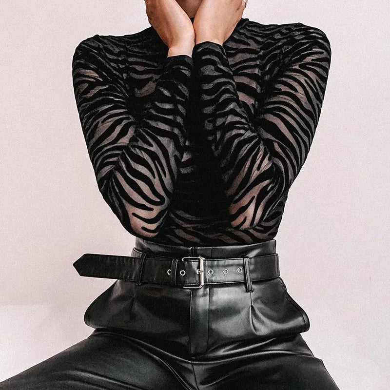 Body Mystère en maille noire transparente à motif zébré et col montant – GUAPPAA – photo 9