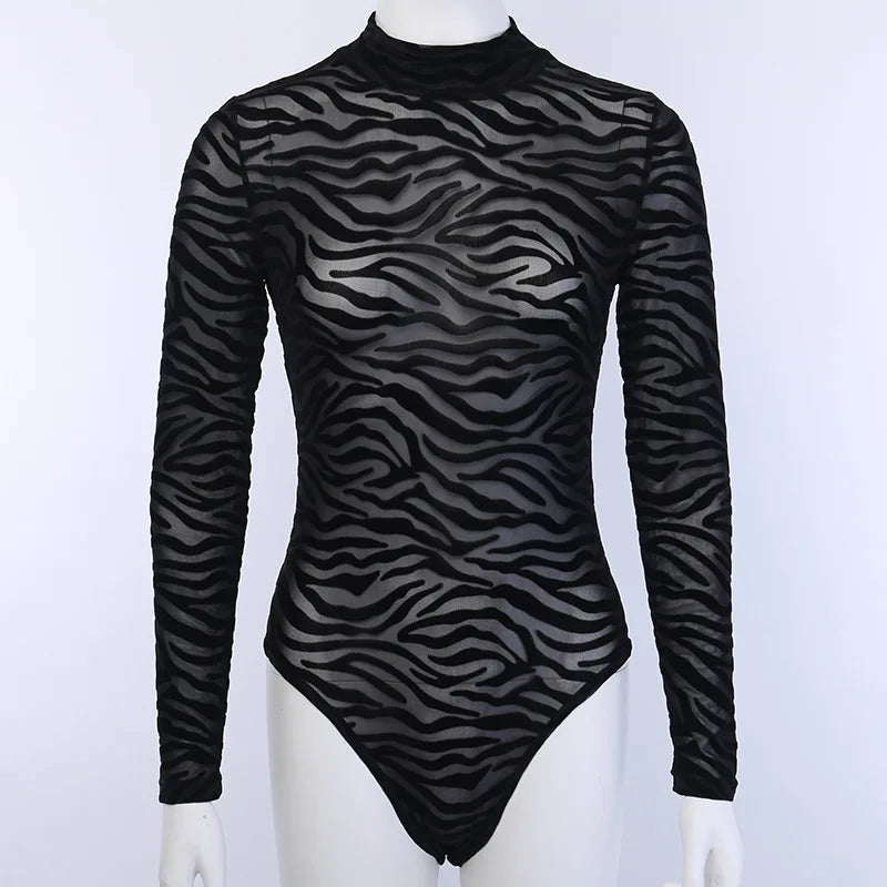 Body Mystère en maille noire transparente à motif zébré et col montant – GUAPPAA – photo 10